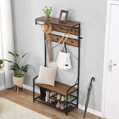 Hall Tree with Shoe Storage, Entryway Bench with Coat Rack, Mudroom Bench with Storage and Hooks, Brown