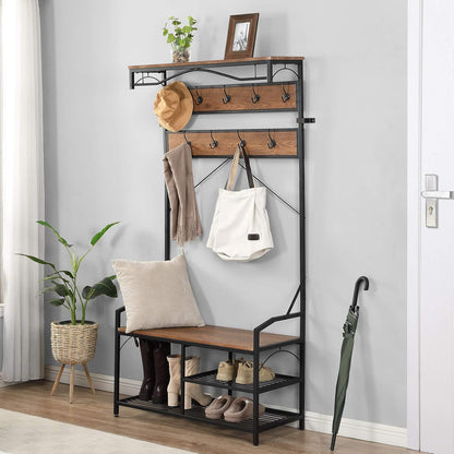 Hall Tree with Shoe Storage, Entryway Bench with Coat Rack, Mudroom Bench with Storage and Hooks, Brown