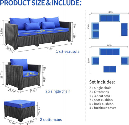 Outdoor Wicker Furniture Couch Set 5 Pieces, Patio Furniture Sectional Sofa with Royal Blue Cushions and Furniture Covers, Black Rattan