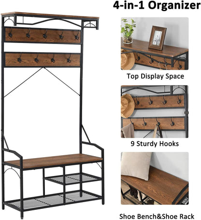 Hall Tree with Shoe Storage, Entryway Bench with Coat Rack, Mudroom Bench with Storage and Hooks, Brown