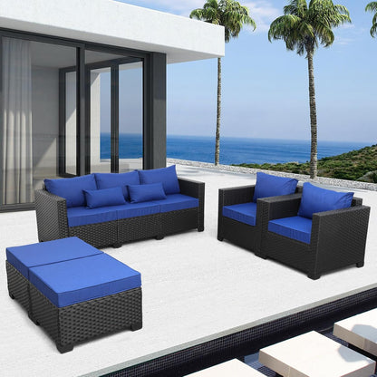 Outdoor Wicker Furniture Couch Set 5 Pieces, Patio Furniture Sectional Sofa with Royal Blue Cushions and Furniture Covers, Black Rattan