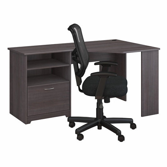 Cabot Modern 60W Corner Desk with File Drawer and Storage Shelves and Office Chair in Heather Gray and Black