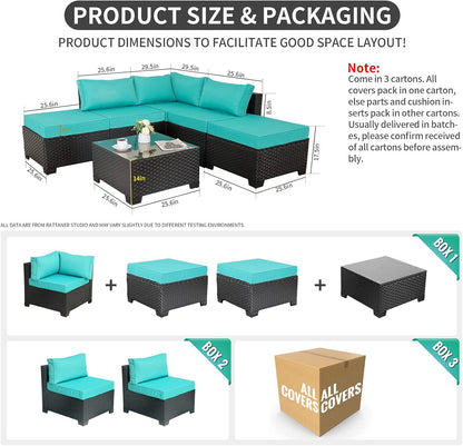 Outdoor Wicker Furniture Sofa Set 6-Piece Patio Garden Sectional Furniture with Turquoise Non-Slip Cushions Furniture Cover Black PE Rattan