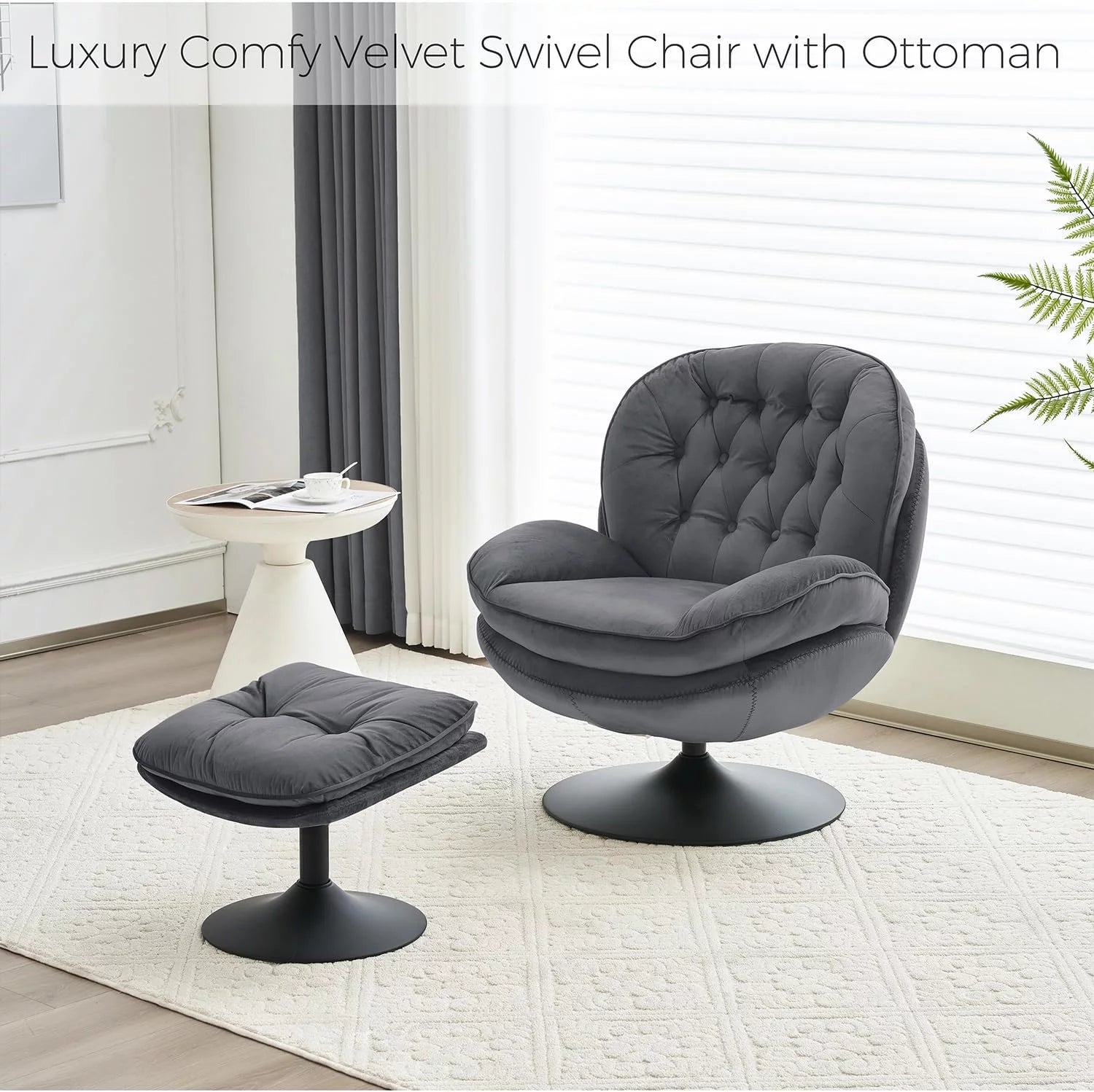 Velvet Swivel Accent Chair with Ottoman for Living Room Bedroom Reading Room,Cozy Lounge Armchair Fluffy round Tufted Back Adult Gifts for Small Room Lazy Relax Read TV Chair,Grey