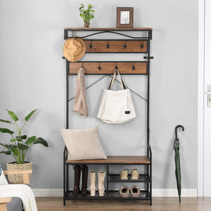 Hall Tree with Shoe Storage, Entryway Bench with Coat Rack, Mudroom Bench with Storage and Hooks, Brown