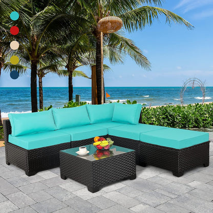 Outdoor Wicker Furniture Sofa Set 6-Piece Patio Garden Sectional Furniture with Turquoise Non-Slip Cushions Furniture Cover Black PE Rattan