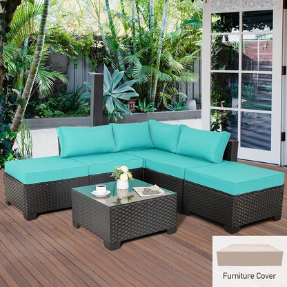 Outdoor Wicker Furniture Sofa Set 6-Piece Patio Garden Sectional Furniture with Turquoise Non-Slip Cushions Furniture Cover Black PE Rattan