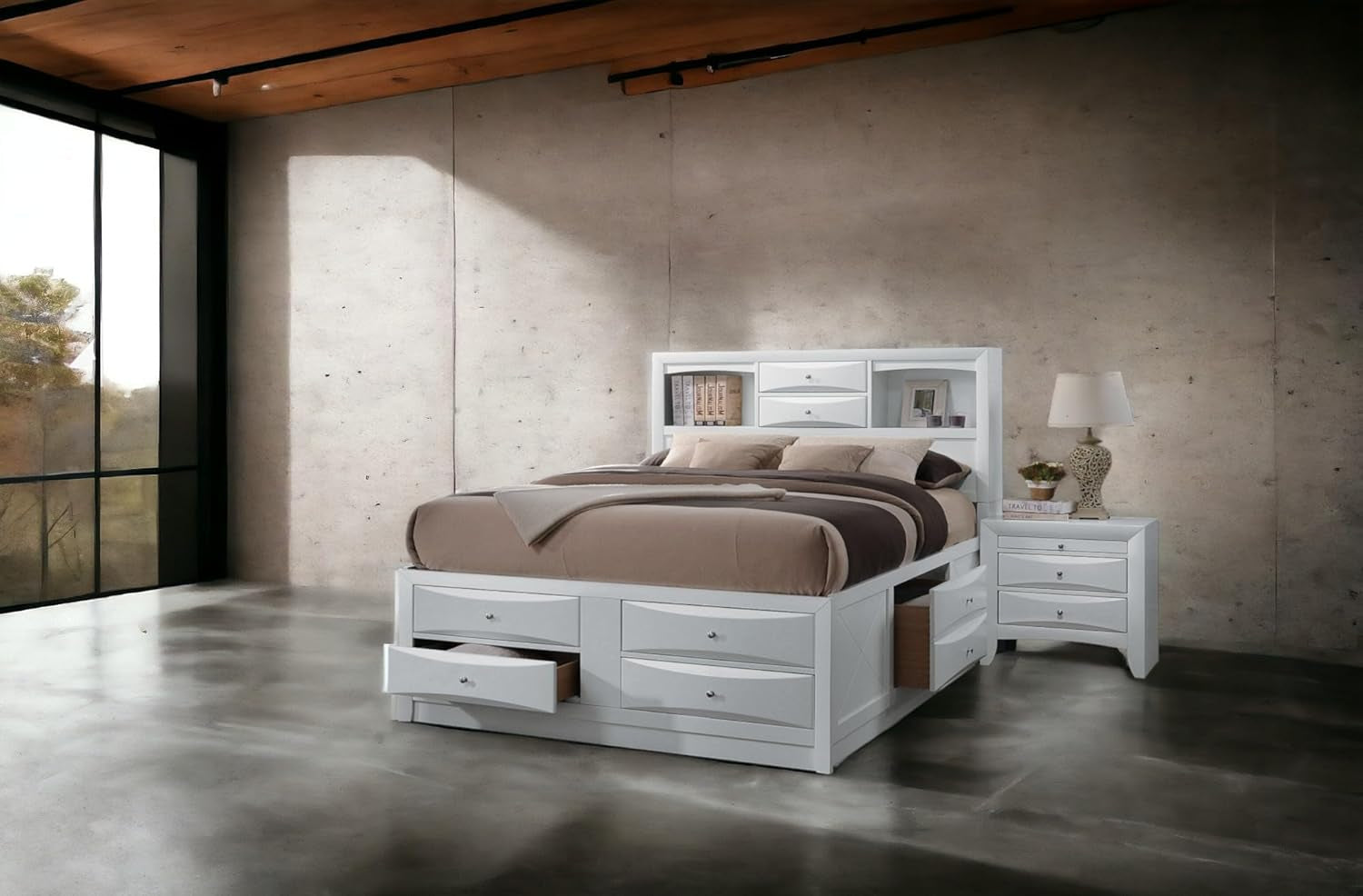 Ireland Wood Full Bed with Storage in White