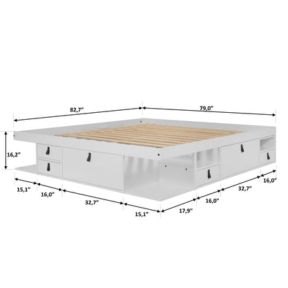 Bali Storage Platform Sturdy Bed Frame with Drawers & More (King Size, White Wood)