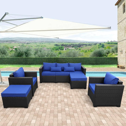 Outdoor Wicker Furniture Couch Set 5 Pieces, Patio Furniture Sectional Sofa with Royal Blue Cushions and Furniture Covers, Black Rattan