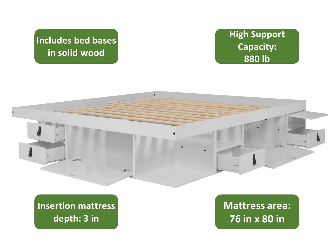 Bali Storage Platform Sturdy Bed Frame with Drawers & More (King Size, White Wood)