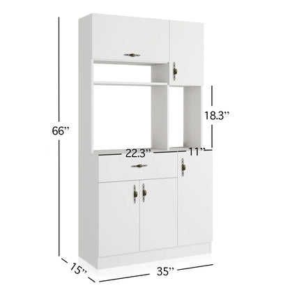 Monti Pantry Kitchen Storage Cabinet for Microwave Hight 66 In., Length 35 In., Depth 15 In., White