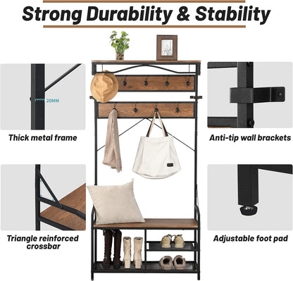 Hall Tree with Shoe Storage, Entryway Bench with Coat Rack, Mudroom Bench with Storage and Hooks, Brown