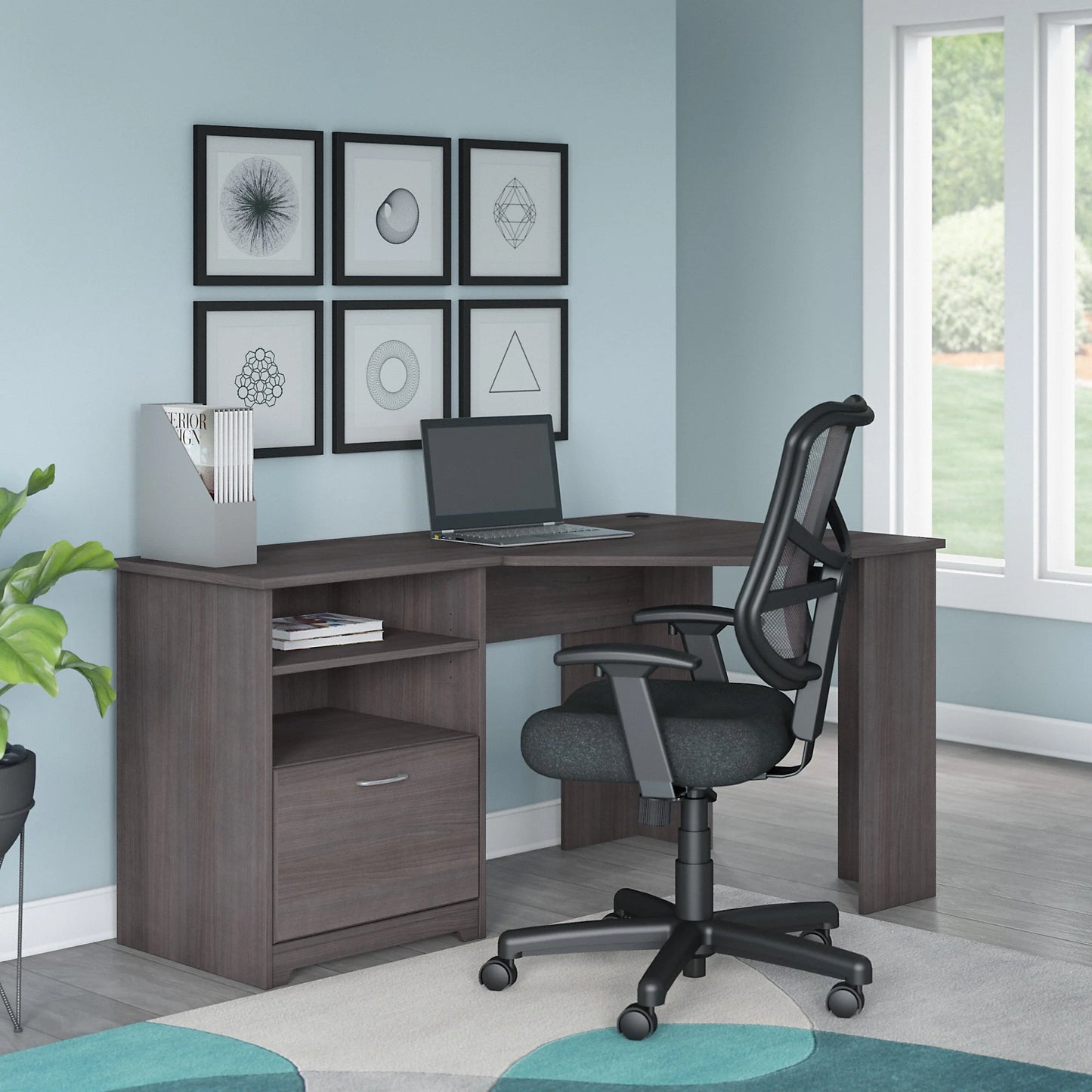 Cabot Modern 60W Corner Desk with File Drawer and Storage Shelves and Office Chair in Heather Gray and Black