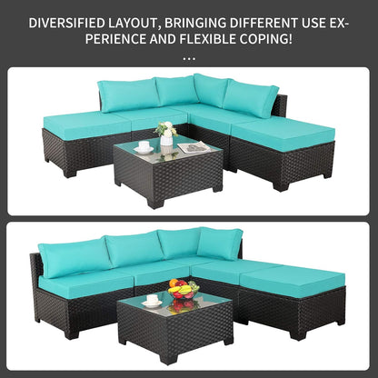 Outdoor Wicker Furniture Sofa Set 6-Piece Patio Garden Sectional Furniture with Turquoise Non-Slip Cushions Furniture Cover Black PE Rattan