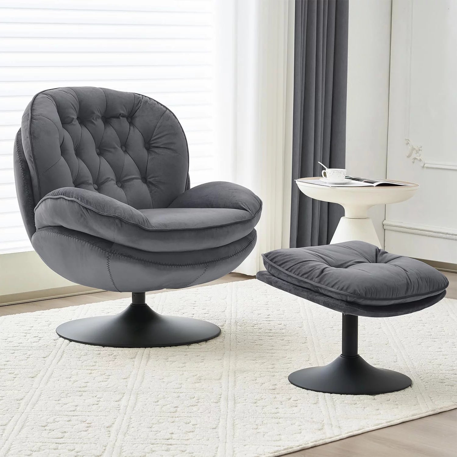 Velvet Swivel Accent Chair with Ottoman for Living Room Bedroom Reading Room,Cozy Lounge Armchair Fluffy round Tufted Back Adult Gifts for Small Room Lazy Relax Read TV Chair,Grey