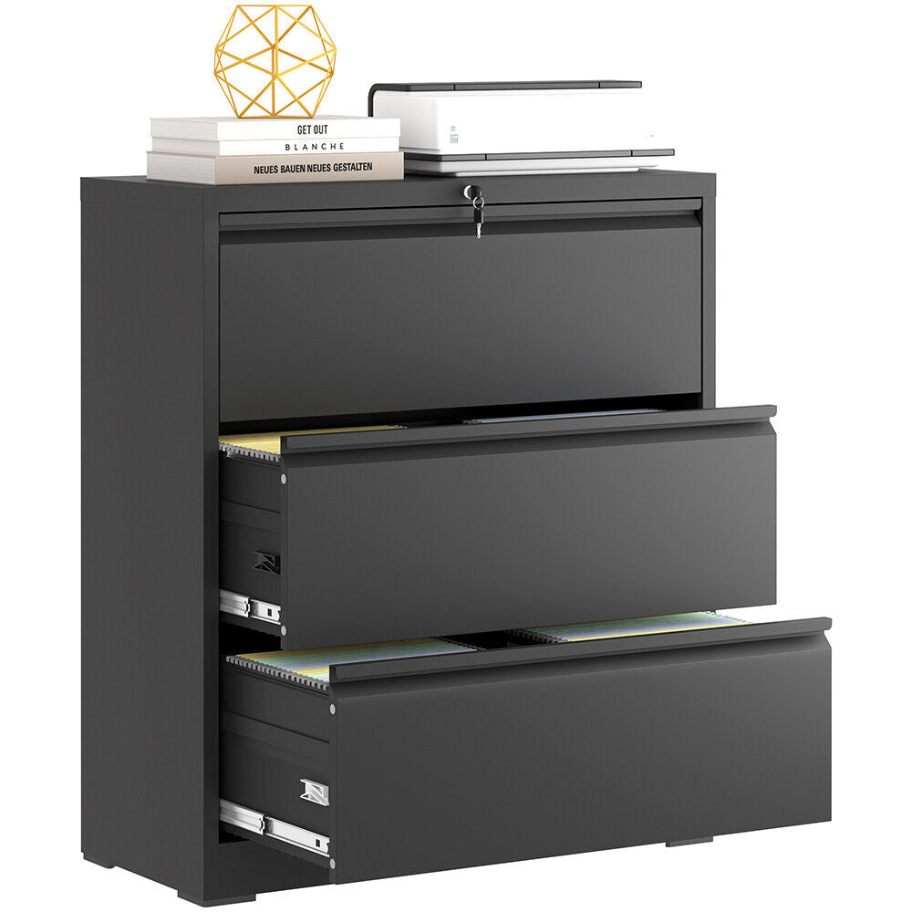 Black Metal Drawer Lateral File Cabinet Lockable Home Storage Organizer Office