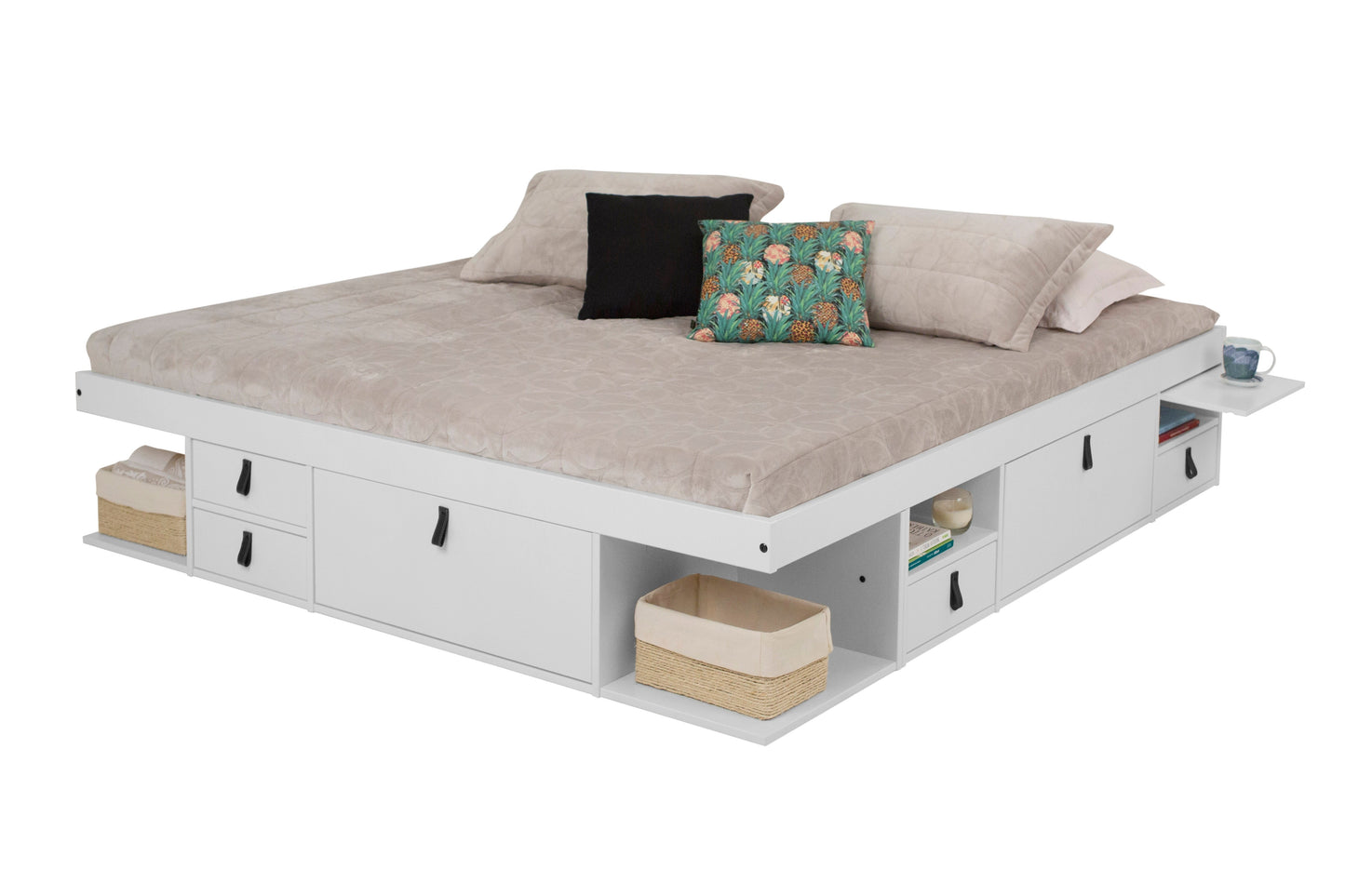 Bali Storage Platform Sturdy Bed Frame with Drawers & More (King Size, White Wood)