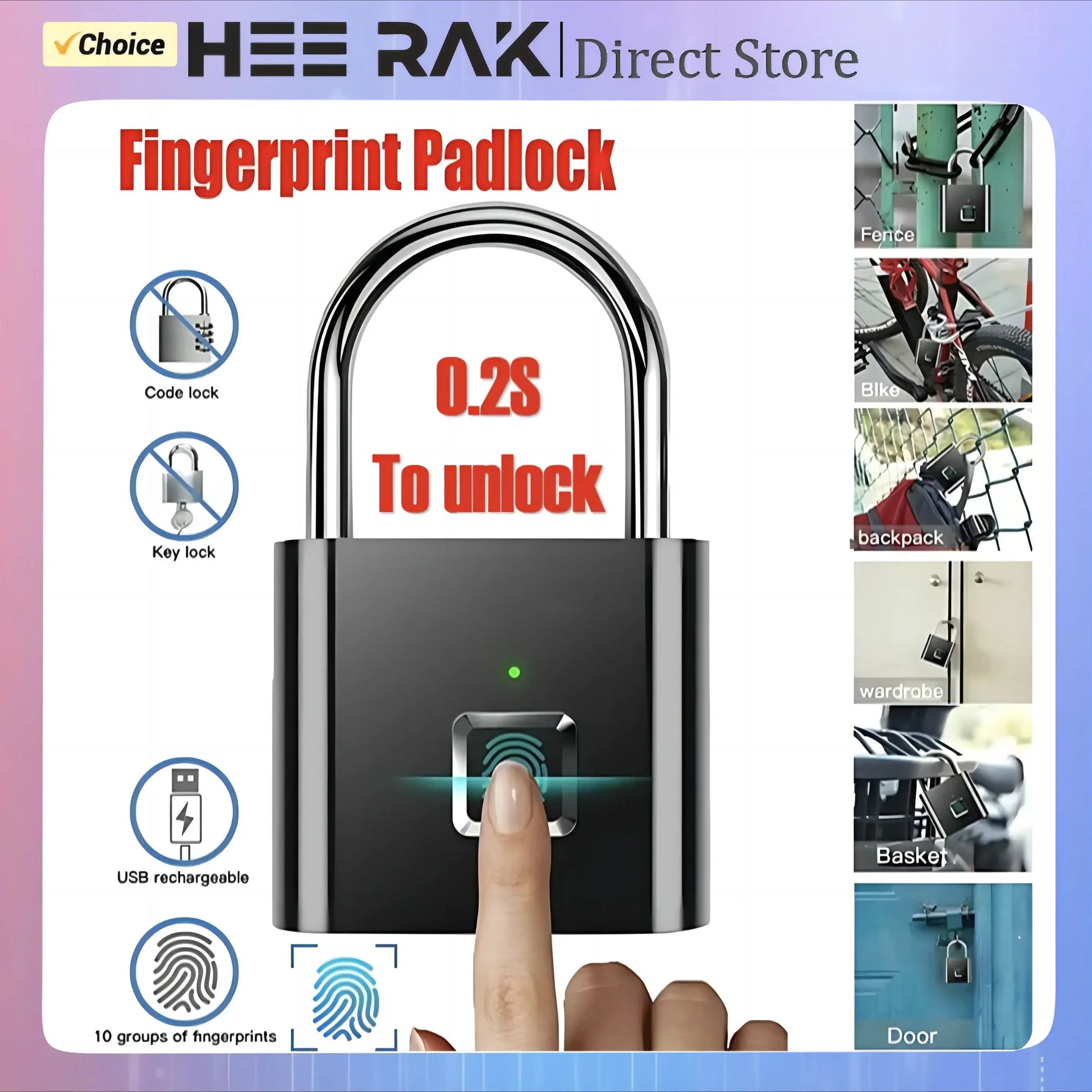 Fingerprint Lock Keyless Waterproof Anti-Theft Smart Lock Fingerprint Padlock Zinc Alloy Intelligent Safety Doorlock