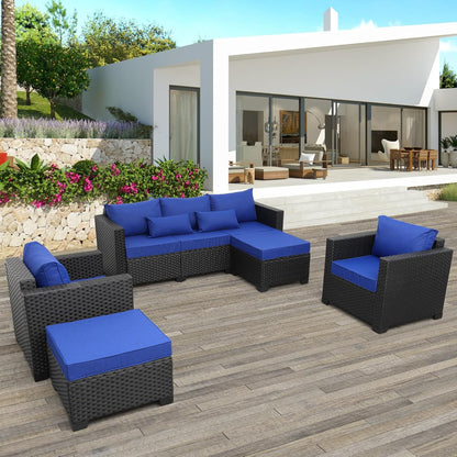 Outdoor Wicker Furniture Couch Set 5 Pieces, Patio Furniture Sectional Sofa with Royal Blue Cushions and Furniture Covers, Black Rattan