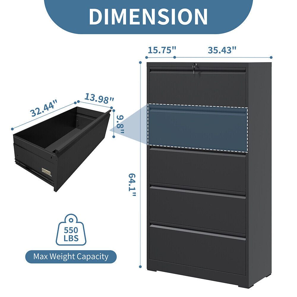 Black Metal Drawer Lateral File Cabinet Lockable Home Storage Organizer Office