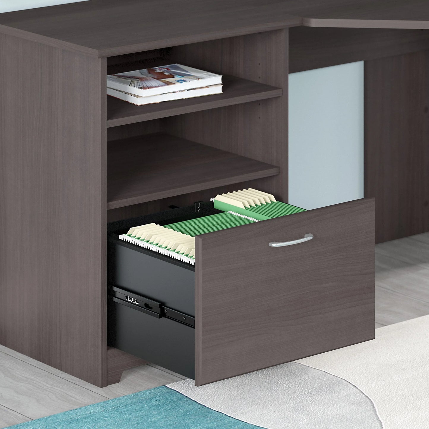 Cabot Modern 60W Corner Desk with File Drawer and Storage Shelves and Office Chair in Heather Gray and Black