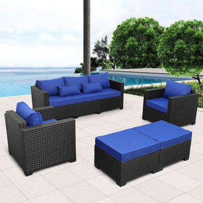 Outdoor Wicker Furniture Couch Set 5 Pieces, Patio Furniture Sectional Sofa with Royal Blue Cushions and Furniture Covers, Black Rattan