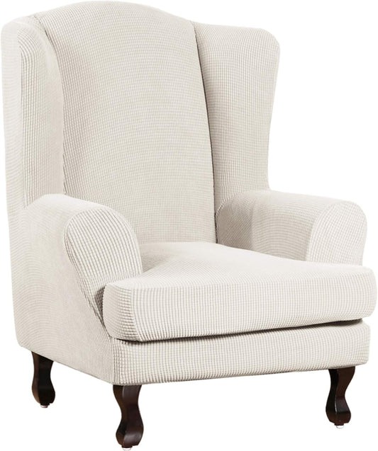 Wingback Chair Covers 2 Piece Wing Chair Slipcover Stretch Slipcovers for Wingback Chairs Wing Chair Cover Spandex Jacquard Fabric with Elastic Bottom Non-Slip Furniture Cover, Ivory